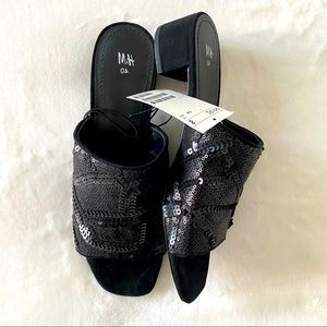H&M black 2” block heel sandals with paettes